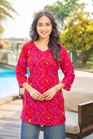 rani bandhej stylish printed cotton top pink colour