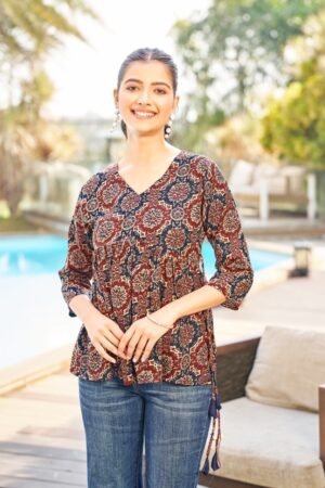 Home ajrakh printed tunic cotton top in brown colour