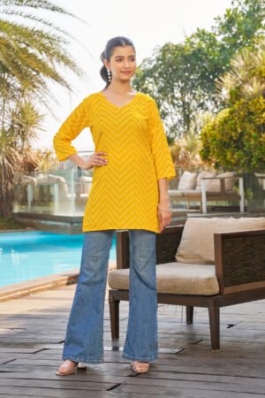 Home blue ikat printed poli riyon top yello colour