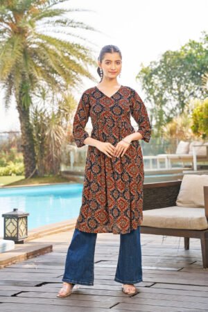ajrakh printed long riyon top in brown colour