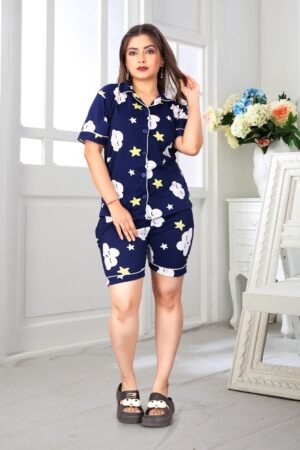 Home emerald clouds night suit nevy blue shorts by darshnika designer