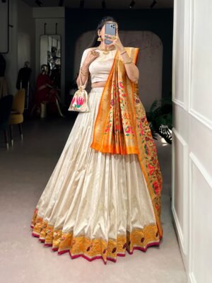this silk paithani lehenga choli is where traditional zari weaving meets graceful lace borders crafted for moments that deserve royalty