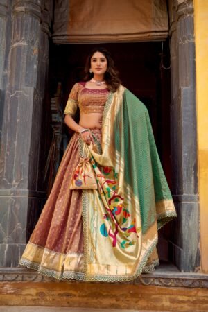 this shimmer organza lehenga choli adorned with zari weaving and delicate lace borders brings timeless elegance to every festive moment lnb2032pec