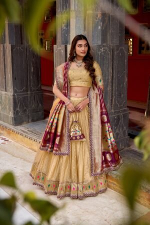 this shimmer organza lehenga choli adorned with zari weaving and delicate lace borders brings timeless elegance to every festive moment lnb2032pec