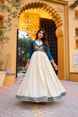 an elegant blend of comfort and tradition, designed in luxurious vichitra silk with a beautifully flowing flair ynf5304owt