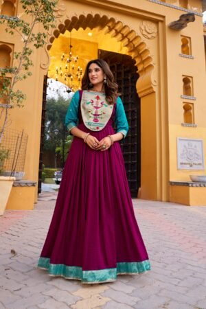 an elegant blend of comfort and tradition, designed in luxurious vichitra silk with a beautifully flowing flair ynf5304owt