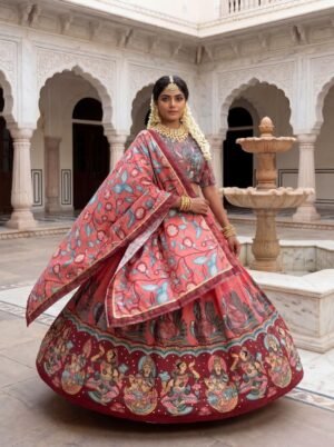 Home launching new kalamkari lehenga choli kalamkari print in peach and pink colour