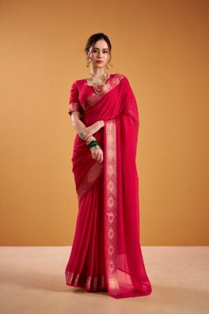 This poly shimmer saree with exquisite weaving border is your perfect pick for festive vibes, evening parties, or special occasions YNF7911RED