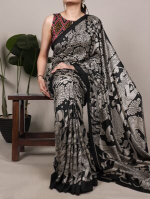 experience the beauty of traditional kalamkari prints on luxurious tasar silk, enhanced with a unique ikkat print blouse for a sophisticated look ynf7301mrn