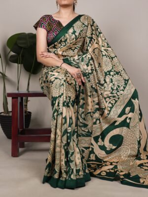 experience the beauty of traditional kalamkari prints on luxurious tasar silk, enhanced with a unique ikkat print blouse for a sophisticated look ynf7301mrn