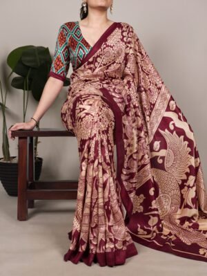 experience the beauty of traditional kalamkari prints on luxurious tasar silk, enhanced with a unique ikkat print blouse for a sophisticated look ynf7301mrn