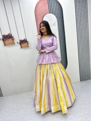 launching festival special lehenga choli in pink colour top and multi colour lehanga