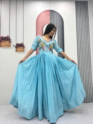 launching trending handwork gown heavy embroidery thread hand mirar work in sky blue colour
