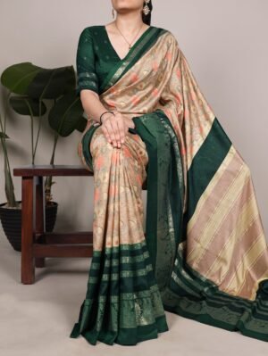 celebrate timeless elegance with this beautiful tasar silk saree, adorned with delicate floral prints and subtle foil work that adds a graceful shine ynf7302grn