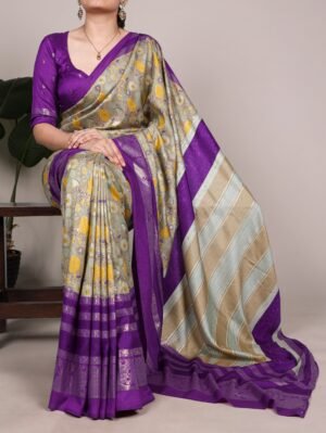 celebrate timeless elegance with this beautiful tasar silk saree, adorned with delicate floral prints and subtle foil work that adds a graceful shine ynf7302grn