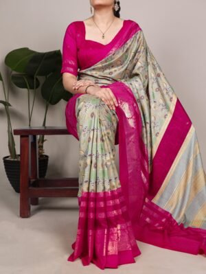celebrate timeless elegance with this beautiful tasar silk saree, adorned with delicate floral prints and subtle foil work that adds a graceful shine ynf7302grn