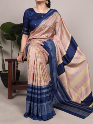 celebrate timeless elegance with this beautiful tasar silk saree, adorned with delicate floral prints and subtle foil work that adds a graceful shine ynf7302grn