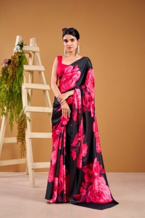 a saree that blends floral charm with satin smoothness ynf7027wht