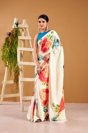 a saree that blends floral charm with satin smoothness ynf7027wht