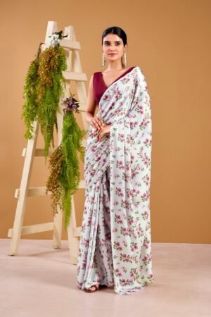 a saree that blends floral charm with satin smoothness ynf7027wht