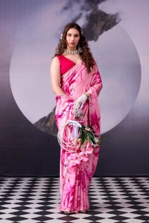 elegance detailed in pearls this satin saree with a delicate lace border brings softness, shine, and timele ss grace together ynf7005pnk