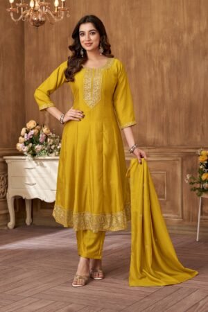 fabzoo women luxurious embroidered suit with trouser and dupatta 1042yellow