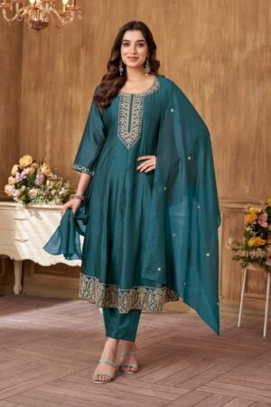 fabzoo women luxurious embroidered suit with trouser and dupatta 1042teal