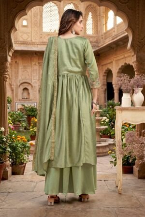 fabzoo women vicitra silk angrakha style kurta with dupatta and trouser,with coding embroidery work