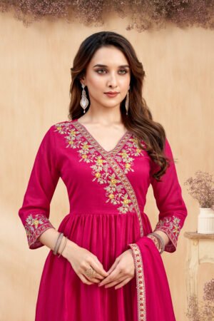 fabzoo women vicitra silk angrakha style kurta with dupatta and trouser,with coding embroidery work