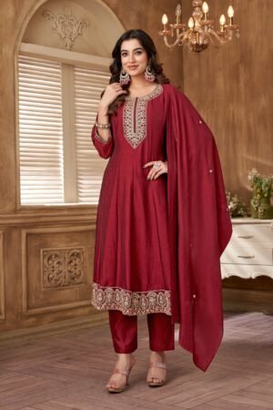 fabzoo women luxurious embroidered suit with trouser and dupatta 1042maroon