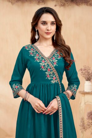 fabzoo women vicitra silk angrakha style kurta with dupatta and trouser,with coding embroidery work (copy)